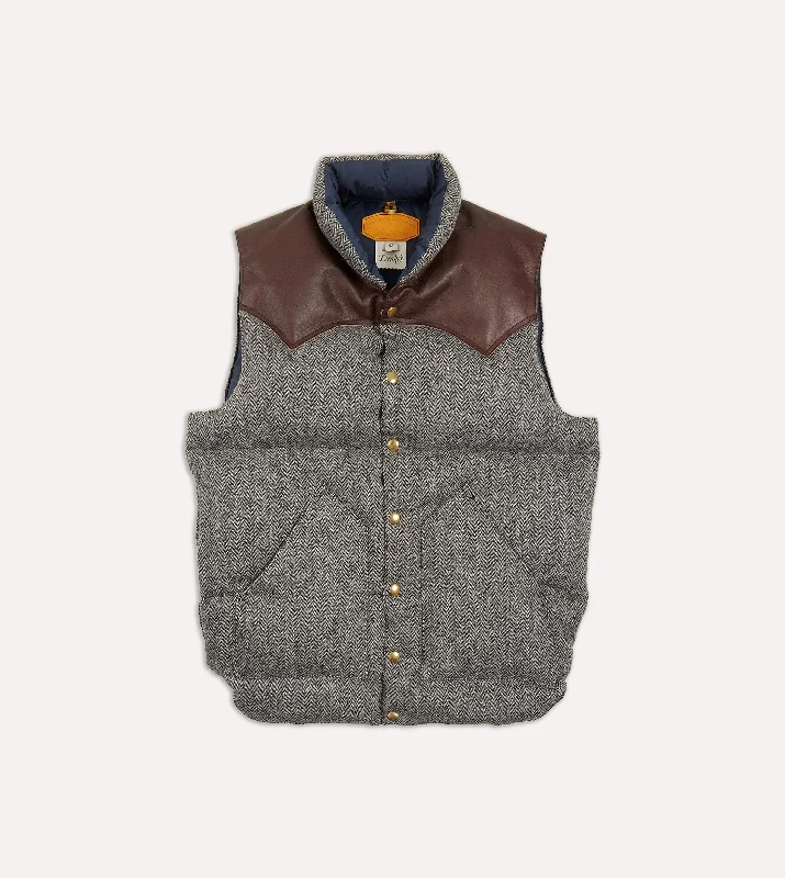 men's jackets for temperature-controlled wear-Rocky Mountain Featherbed for Drake's Herringbone Harris Tweed Leather Christy Down Vest