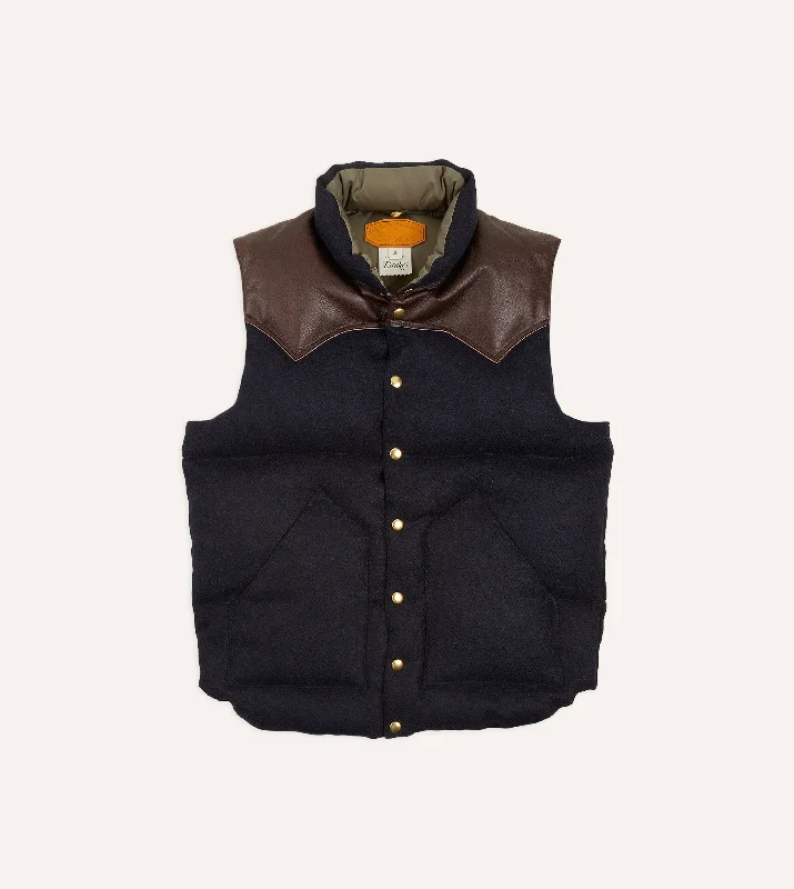 men's jackets with hidden zippers for sleek look-Rocky Mountain Featherbed for Drake's Navy Harris Tweed Leather Christy Down Vest