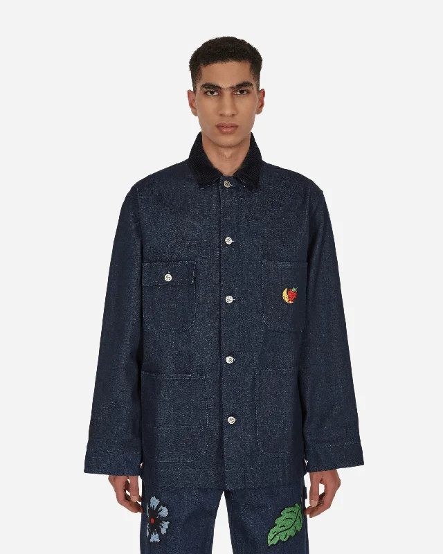 men's jackets for casual street style-Embroidered Denim Chore Coat Blue