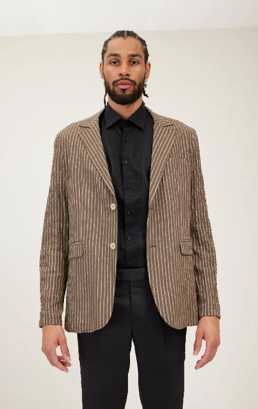 men's jackets for rugged environments-Crinkle Striped Blazer - Khaki