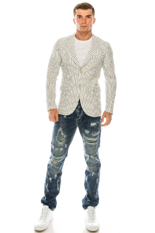 men's jackets with custom detailing-Crinkle Striped Blazer - White Black