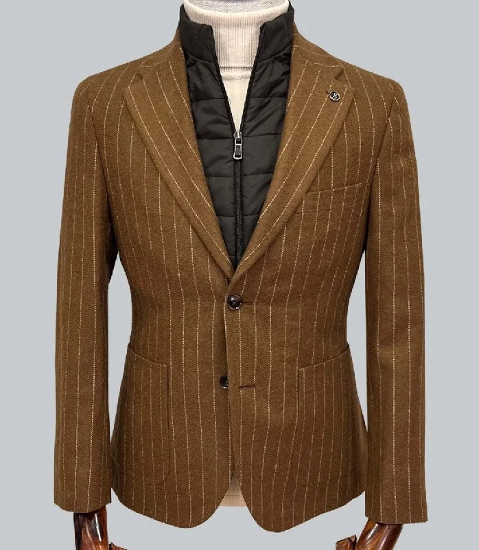 men's jackets with extra wind protection-Striped Blazer with Removable Vest Insert  - Camel