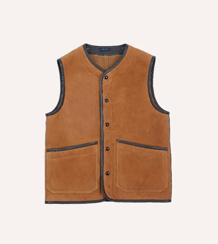 men's jackets with breathable lining-Tan Suede Shearling Vest