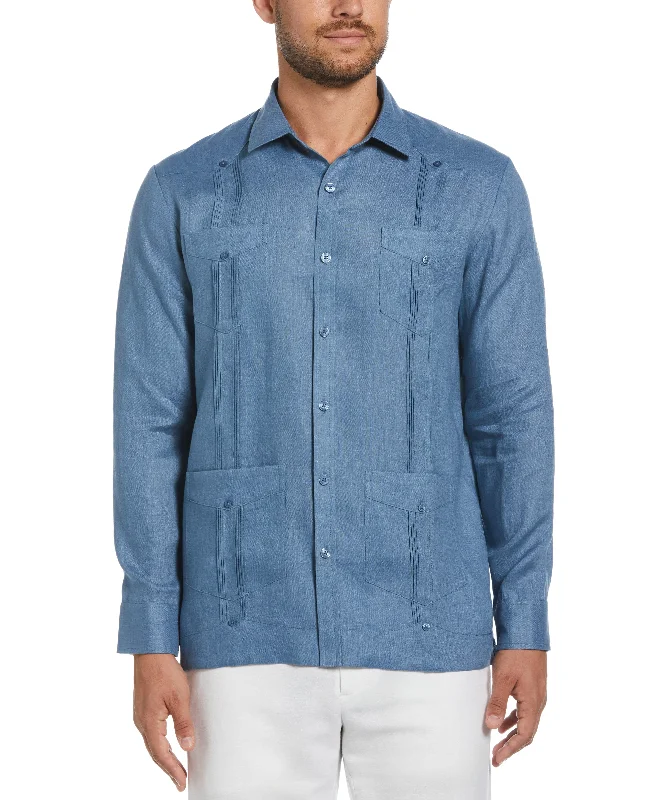 Men’s short-sleeve vent shirts-100% Linen Classic Guayabera Shirt - Long Sleeve - Captains Blue