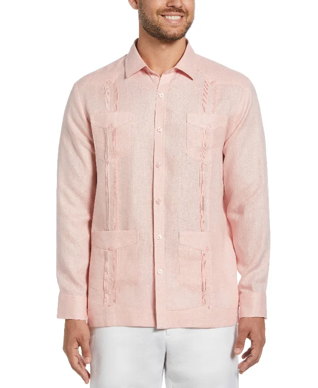 Men’s short-sleeve kink polos-100% Linen Classic Guayabera Shirt - Long Sleeve - Silver Pink