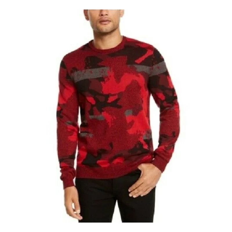 Men's gust knit sweater-Alfani Men's Abstract Jacquard Crewneck Sweater Red Size Large