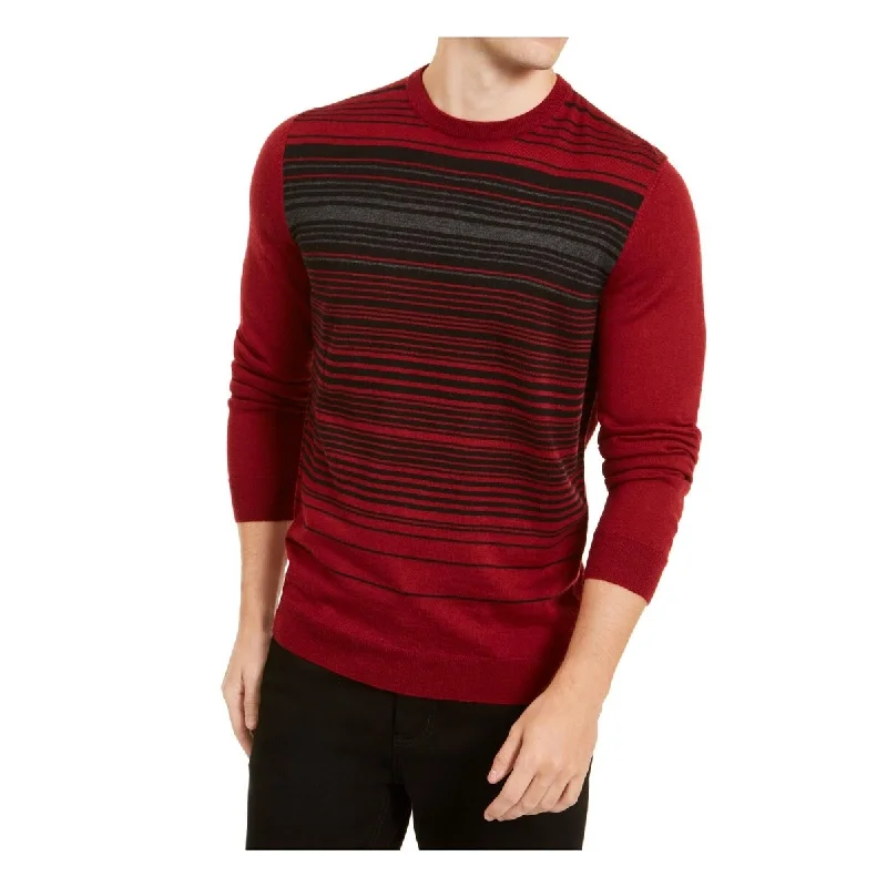 Men's siltstone sweater-Alfani Men's Merino Blend Stripe Crewneck Sweater Red Size Large