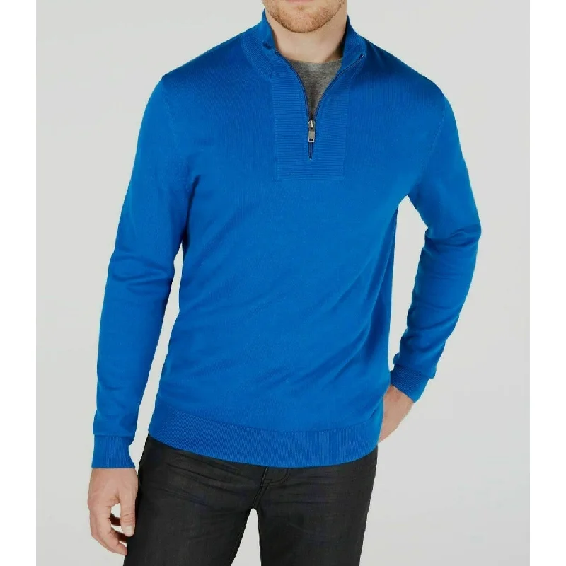 Men's runnel sweater-Alfani Men's Quarter-Zip Ribbed Placket Sweater Blue Size Medium