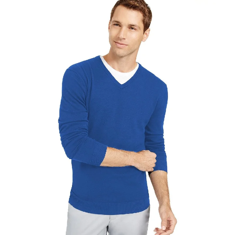 Men's mussel sweater-Alfani Men's Solid V-Neck Cotton Sweater Blue Size 2 Extra Large