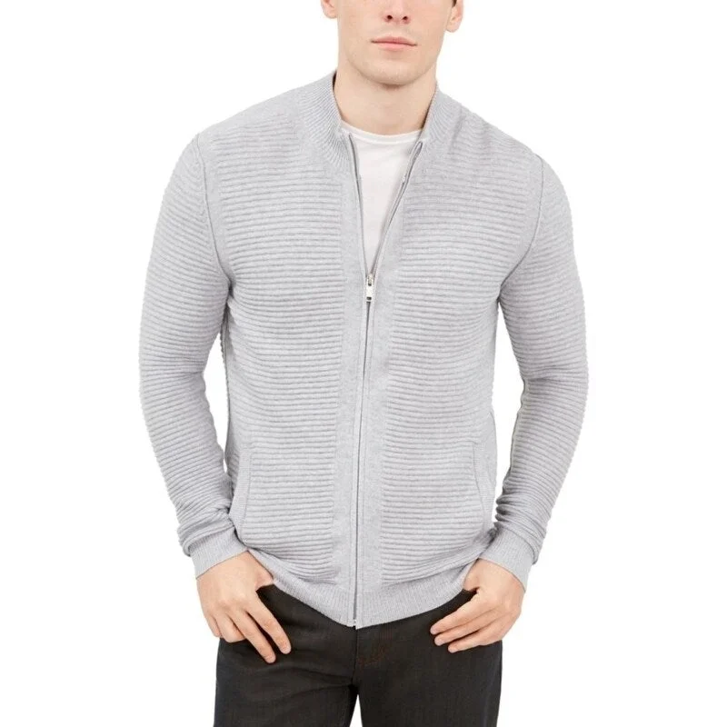 Men's clam sweater-Alfani Men's Textured Zip-Front Cardigan Sweater Grey Size Extra Large