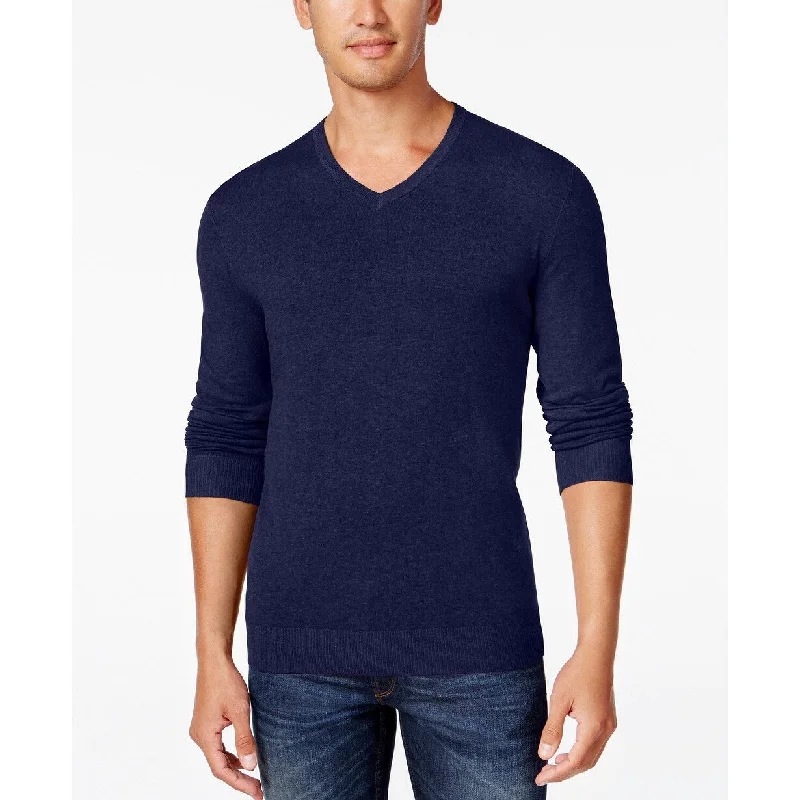 Men's seam sweater-Alfani Men's V-Neck Heathered Long-Sleeve Sweater Navy Size Small