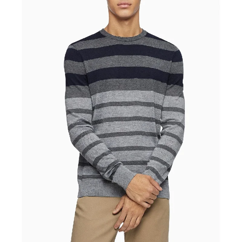 Men's ore sweater-Calvin Klein Men's Colorblock Striped Sweater Gray Size Large