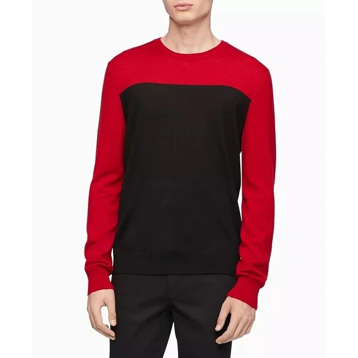 Men's bistre sweater-Calvin Klein Men's Merino Colorblock Sweater Red Size XX-Large