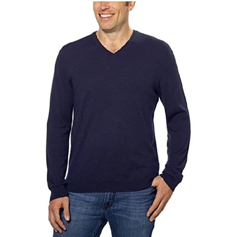 Men's seam sweater-Calvin Klein Men's Merino Wool V Neck Sweater Blue Size X-Large