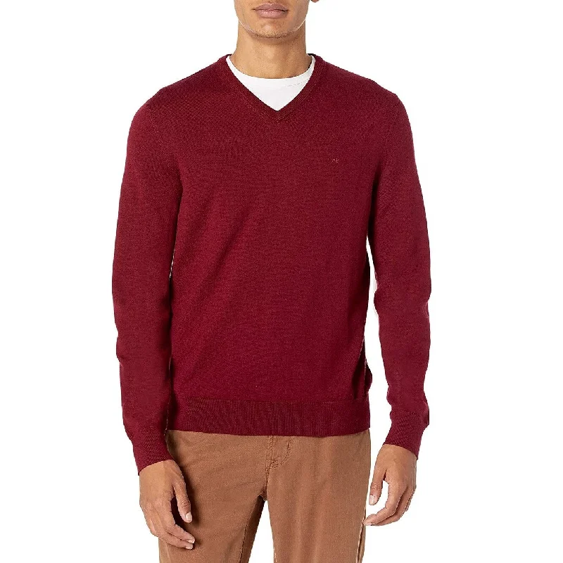 Men's pitch knit sweater-Calvin Klein Men's Merino Wool V-Neck Sweater Red Size Extra Large - X-Large