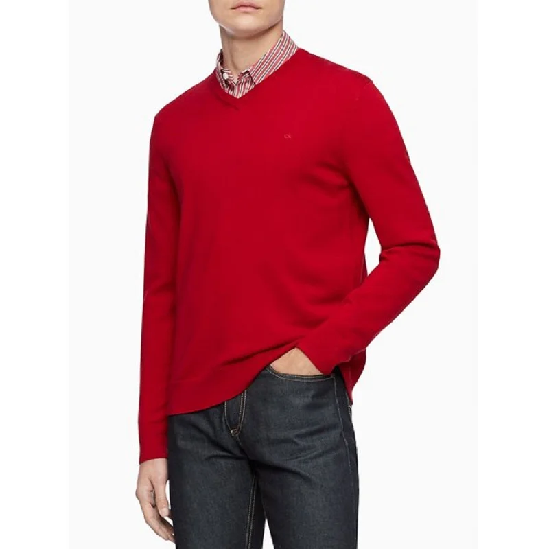 Men's ether sweater-Calvin Klein Men's Merino Wool V-Neck Sweater Red Size Extra Small - X-Small