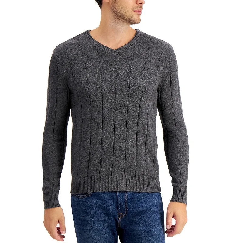 Men's talus sweater-Club Room Men's Cotton Textured V-Neck Sweater Gray Size Medium