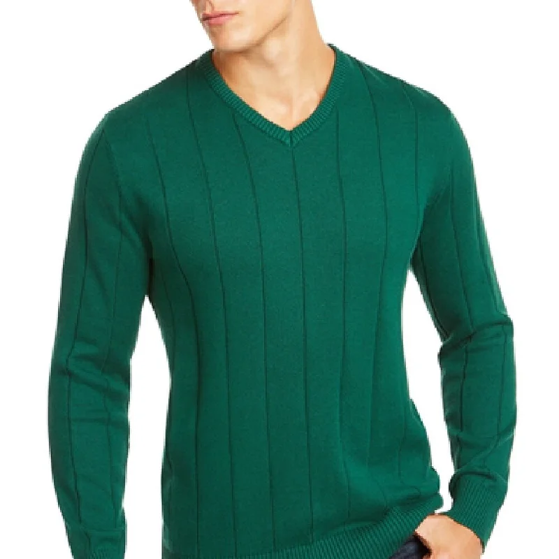 Men's fissure sweater-Club Room Men's Drop-Needle V-Neck Cotton Sweater Green Small