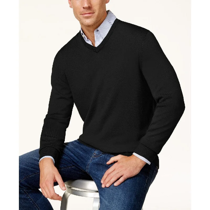 Men's pewter knit sweater-Club Room Men's Merino Performance V-Neck Sweater Black Size Small