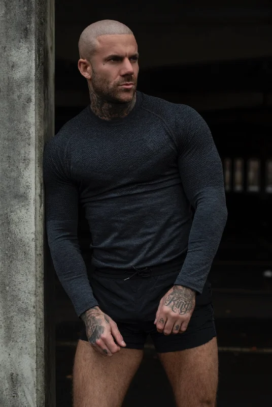 Men’s short-sleeve zany tees-Father Sons Long sleeve Charcoal crew gym top with Raglan sleeve detail - FSM025