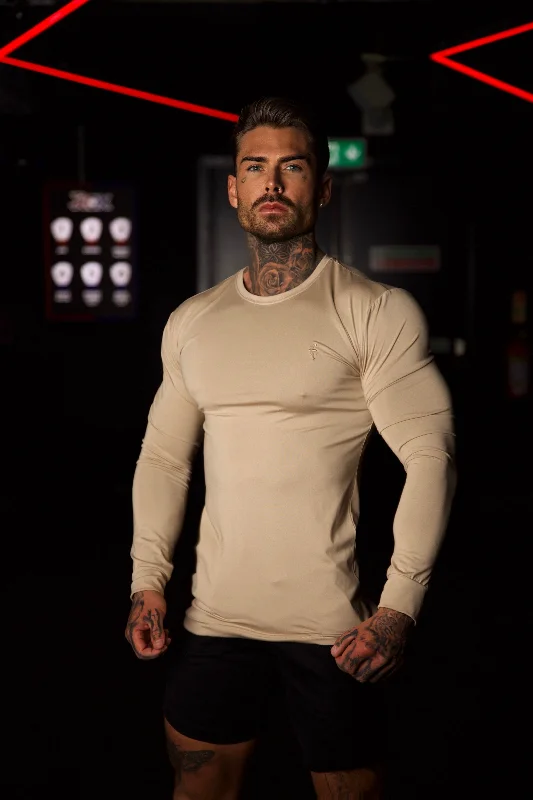 Men’s short-sleeve zing tees-Father Sons Long Sleeve Beige Tonal Gym Crew Top - FSH886