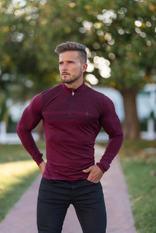 Men’s short-sleeve idly polos-Father Sons Long sleeve Burgundy / Black half zip gym top - FSM030