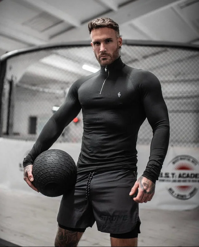 Men’s short-sleeve urge tops-Father Sons Long Sleeve Solid Black Half Zip Gym Top - FSH634