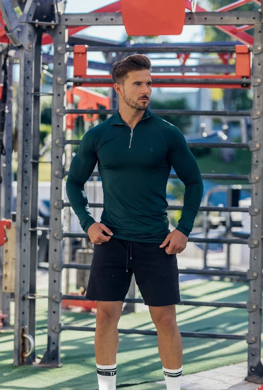 Men’s short-sleeve fizz shirts-Father Sons Long Sleeve Forest Green Half Zip Gym Top - FSH734