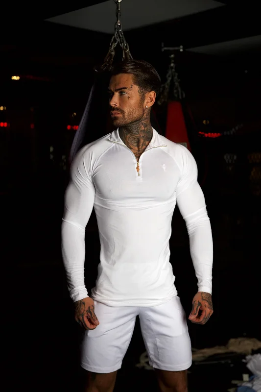 Men’s short-sleeve burr shirts-Father Sons Long Sleeve White / Gold Half Zip Gym Top - FSH889