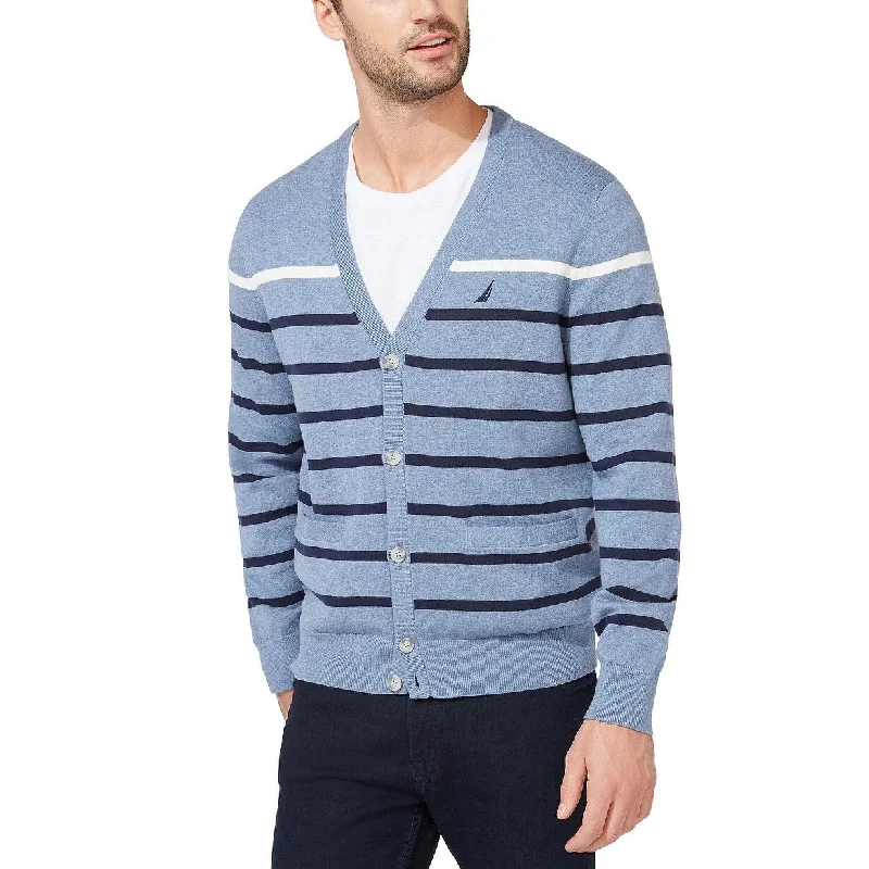 Men's apogee sweater-Nautica Men's Striped V-Neck Button Cardigan Dark Blue Size Large