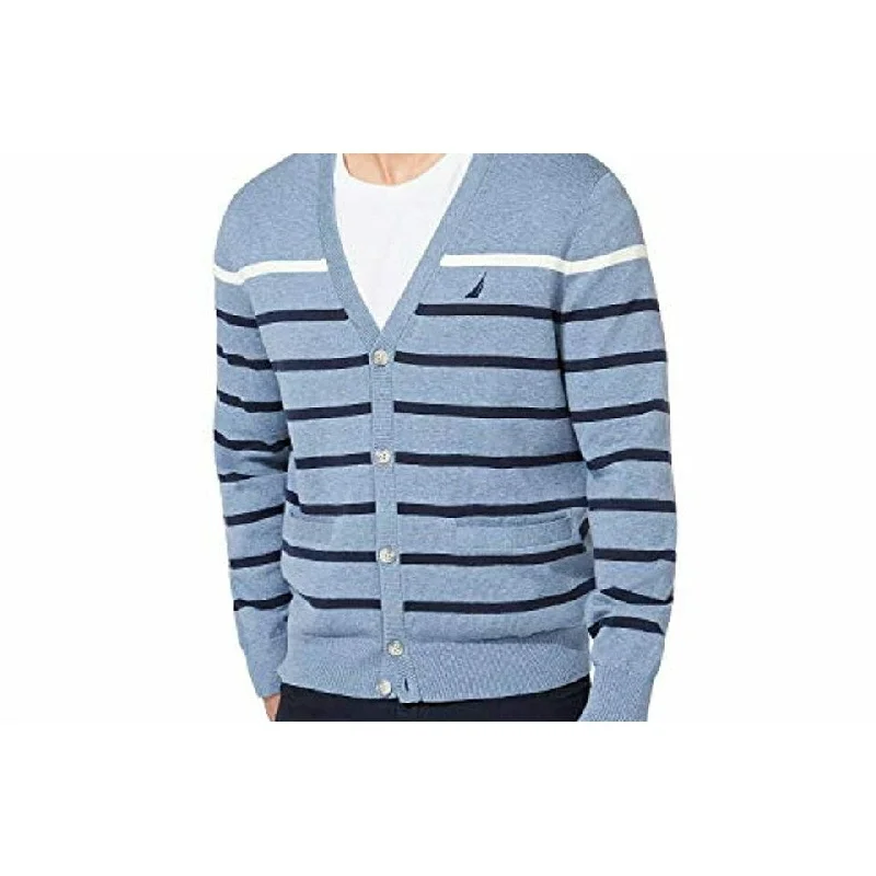 Men's tuareg sweater-Nautica Men's Striped V-Neck Button Cardigan Turq Size Extra Large - XL