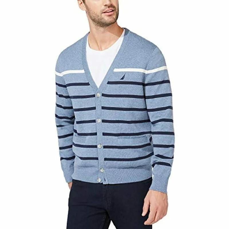 Men's obelisk sweater-Nautica Men's Striped V-Neck Button Cardigan Turq Size Small