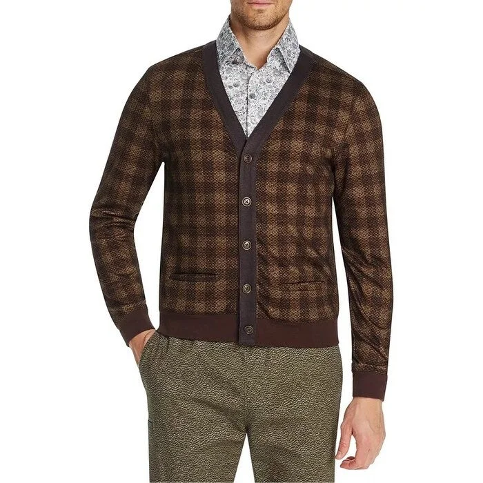 Men's kapok sweater-Tallia Men's Slim-Fit Stretch Plaid Cardigan Brown Size Medium