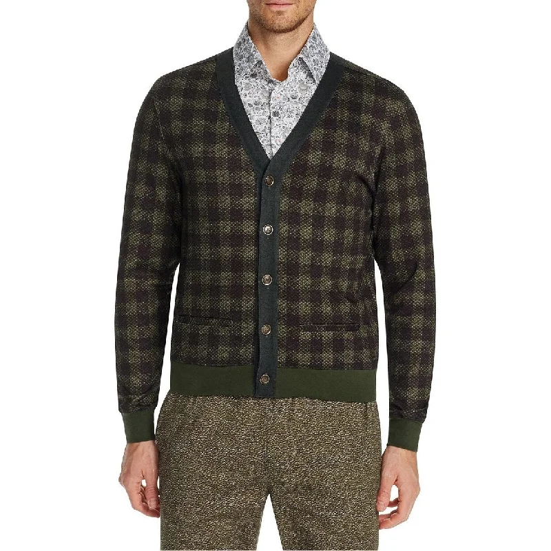 Men's sound sweater-Tallia Men's Slim-Fit Stretch Plaid Cardigan Green Size X-Large