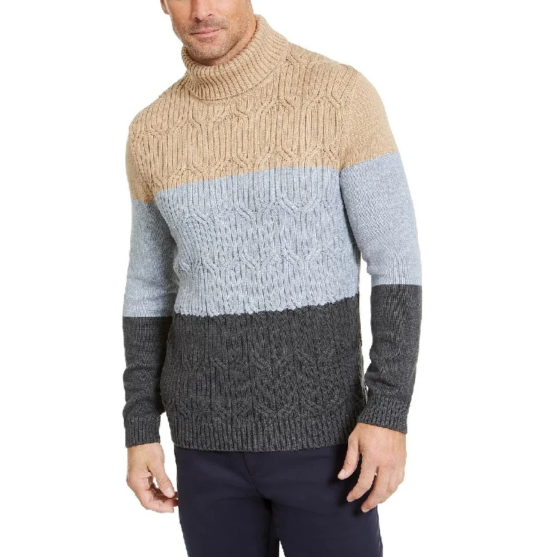 Men's obsidian knit sweater-Tasso Elba Men's Chunky Cable Knit Colorblocked Turtleneck Sweater Grey Size X-Large