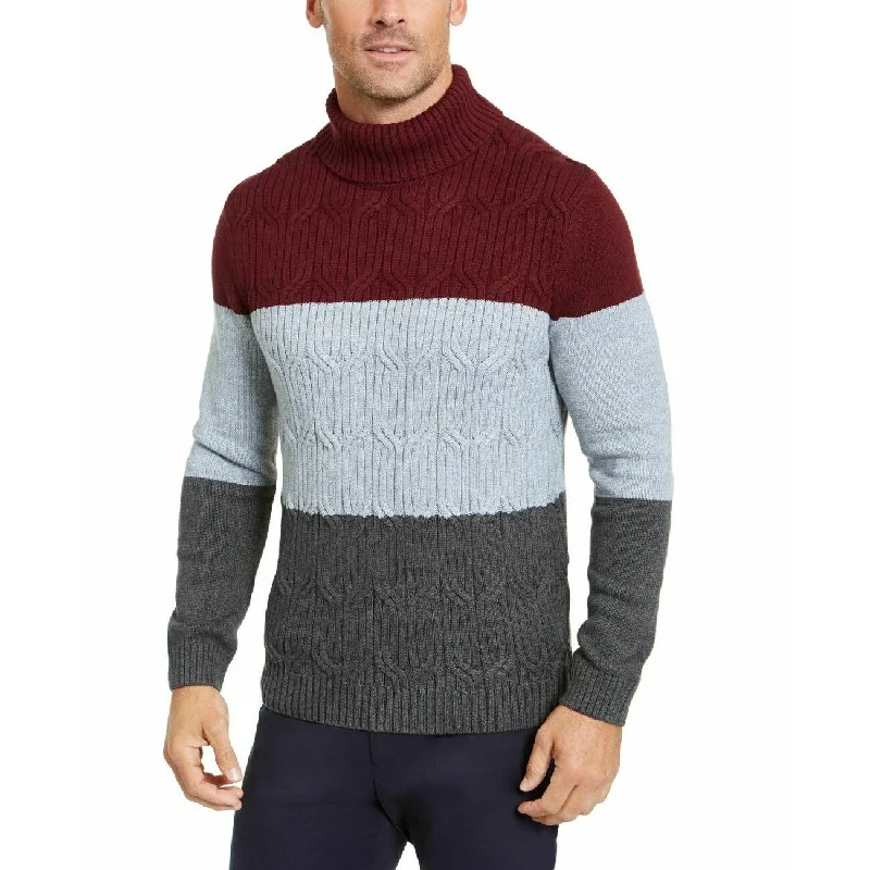 Men's ecru sweater-Tasso Elba Men's Chunky Cable-Knit Colorblocked Turtleneck Sweater Red Size Small