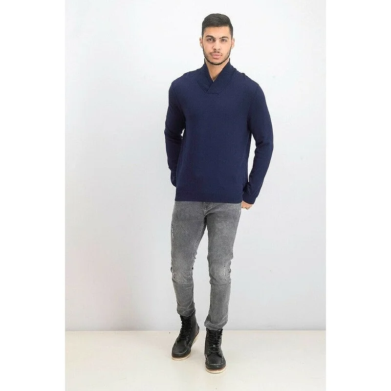 Men's headwind sweater-Tasso Elba Men's Contrast Shawl-Collar Supima Cotton Sweater Dark Blue Size X-Large