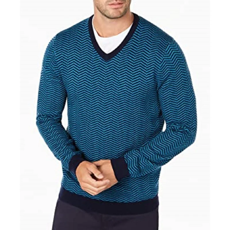 Men's ghazal sweater-Tasso Elba Men's Merino Wool Blend V-Neck Herringbone Sweater Dark Blue Size Extra Large - X-Large