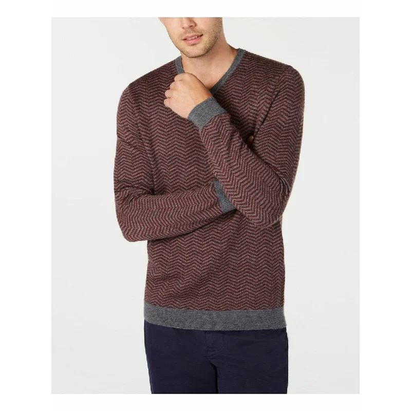 Men's obelisk sweater-Tasso Elba Men's Merino Wool Blend V-Neck Herringbone Sweater Wine Size Small