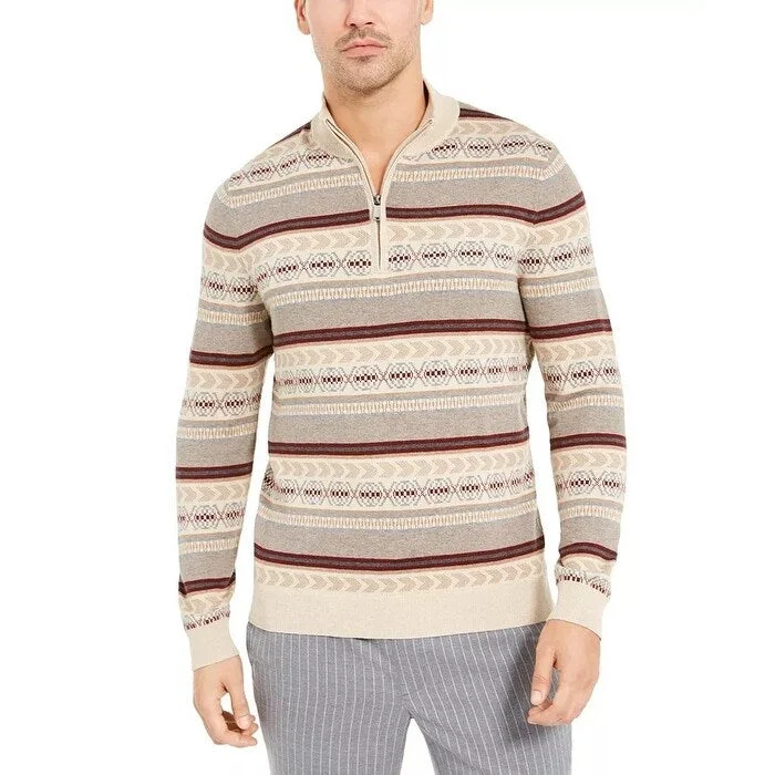 Men's reed sweater-Tasso Elba Men's Striped Quarter Zip Sweater Beige khaki Size XX-Large