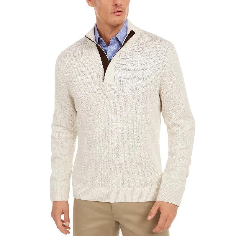 Men's ecru sweater-Tasso Elba Men's Supima Cotton Textured 1/4 Zip Sweater Beige Size X-Large