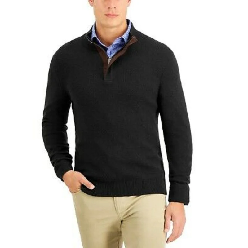 Men's dun sweater-Tasso Elba Men's Supima Cotton Textured 1/4-Zip Sweater Black Size Small