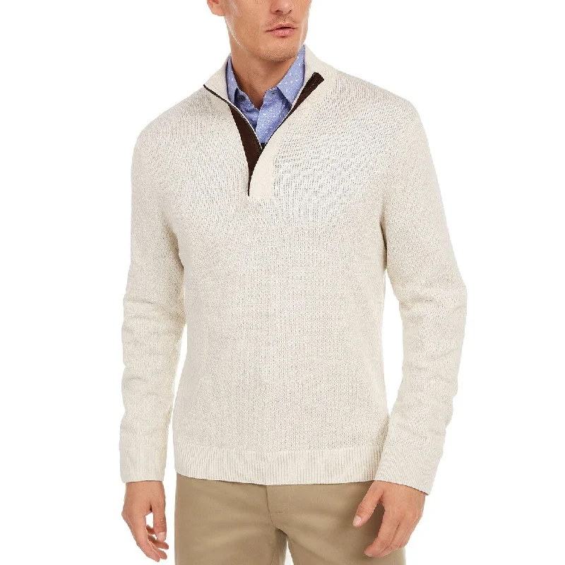 Men's pitch knit sweater-Tasso Elba Men's Supima Cotton Textured 1/4-Zip Sweater Lt Beige Size XX-Large