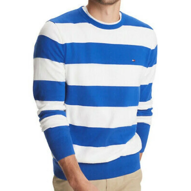 Men's anise sweater-Tommy Hilfiger Men's Signature Rugby Striped Sweater Blue Size Medium