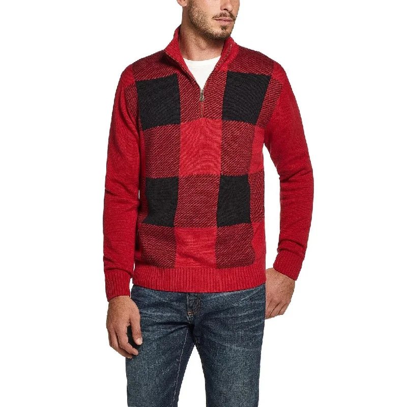 Men's quartz sweater-Weatherproof Vintage Men's Quarter Zip Buffalo Plaid Sweater Red Size Medium