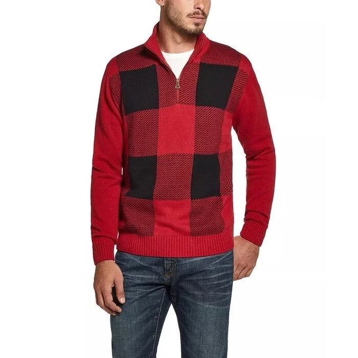 Men's reed sweater-Weatherproof Vintage Men's Quarter Zip Buffalo Plaid Sweater Red Size XX-Large