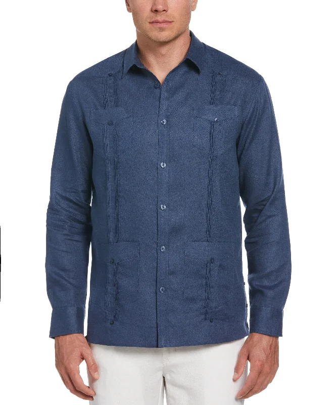 Men’s short-sleeve dusk tees-100% Linen Classic Guayabera Shirt - Long Sleeve - Ensign Blue