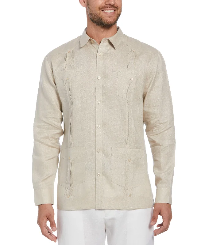 Men’s short-sleeve perk shirts-100% Linen Classic Guayabera Shirt - Long Sleeve - Tan