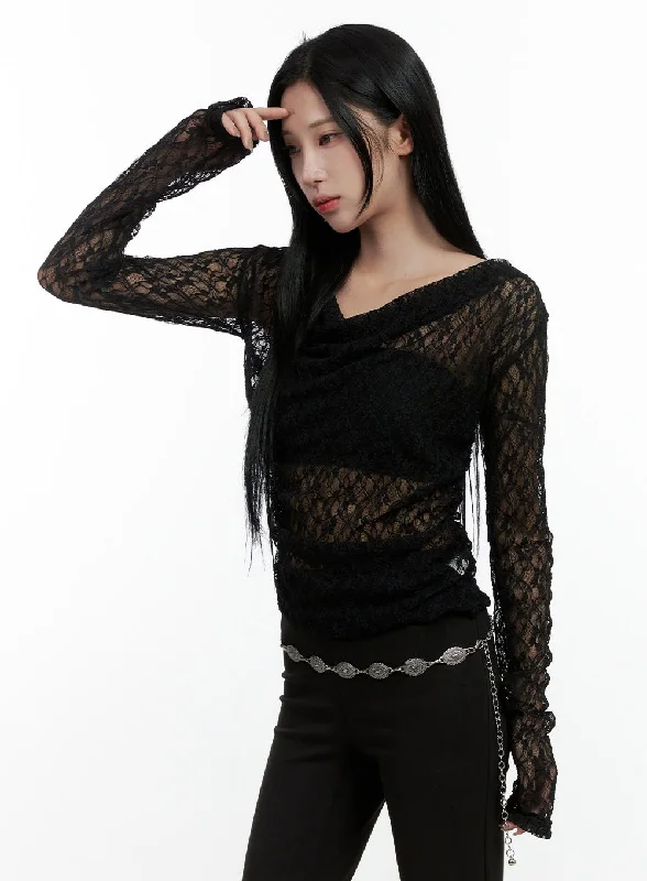 Men’s short-sleeve urge tops-See-Through Spandex Lace Long Sleeve Tee CN408