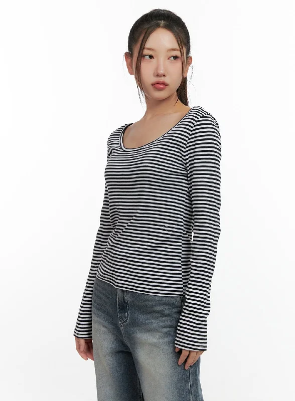 Men’s short-sleeve idly tops-Striped Cotton U-Neck Long Sleeve Tee CN412